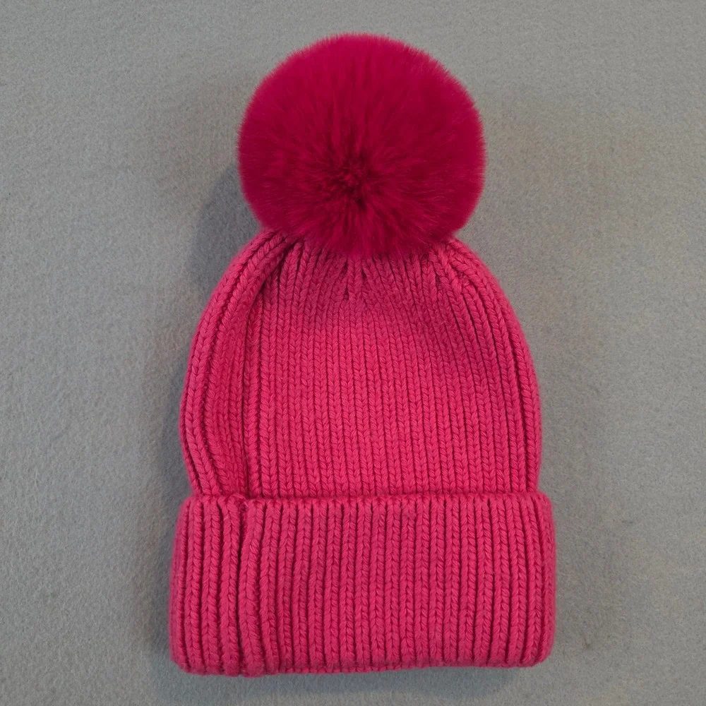 Norla Canada Hot Pink Alpaca Wool Blend Ribbed Knit Beanie Faux Fur Pom Pom Hat